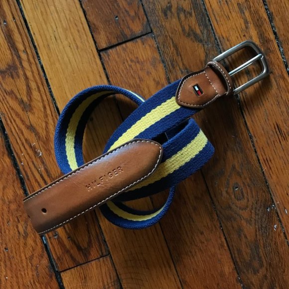 Vintage Y2K Tommy Hilfiger Men‎ Blue Yellow Tan Brown Leather Belt - Picture 1 of 4